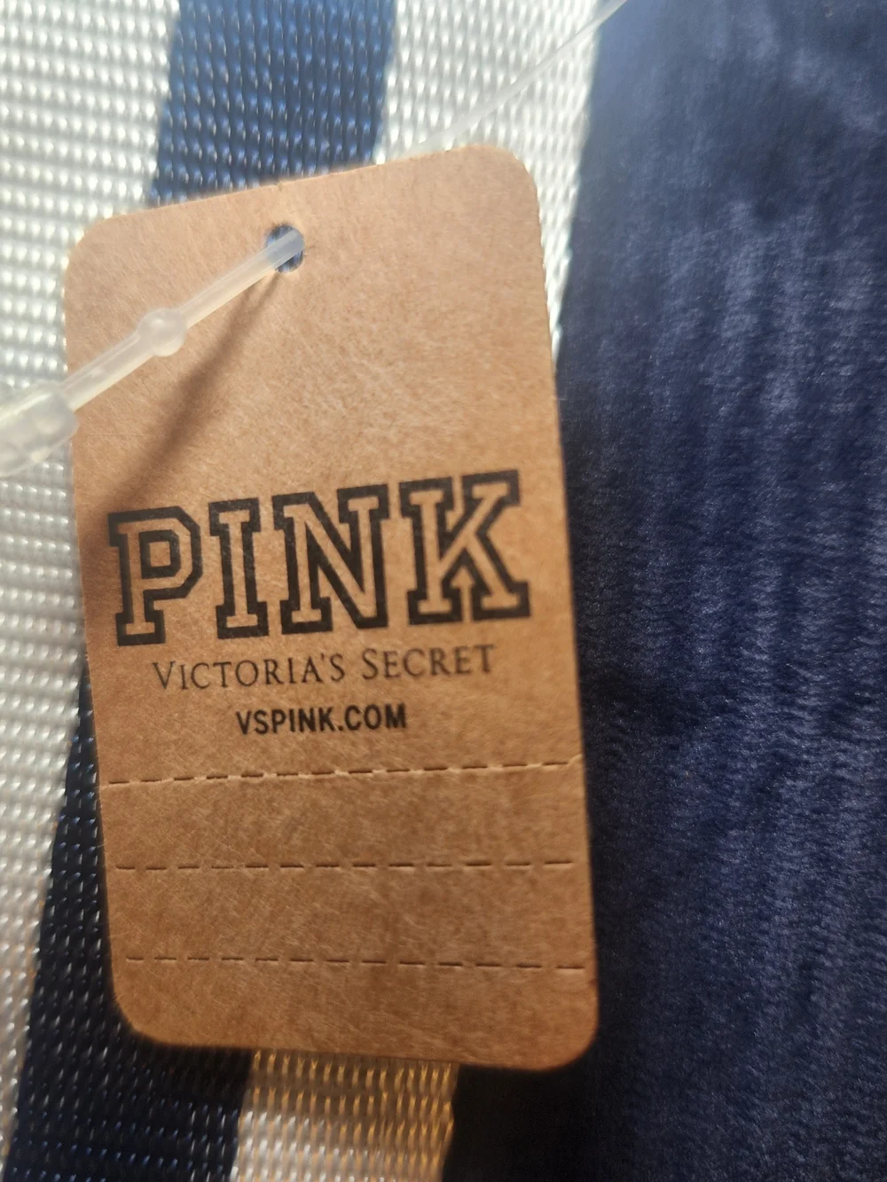 PINK Victoria's Secret Navy Corduroy Tote with Cream & Navy Striped Handles